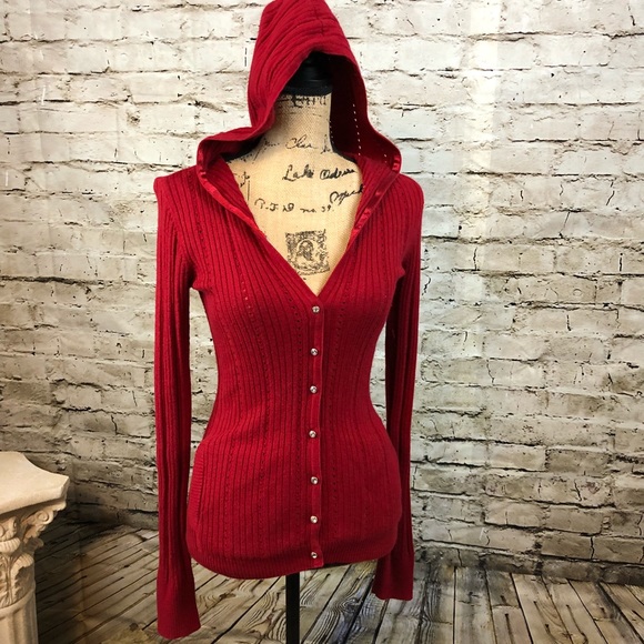 Guess Jeans Sweaters - GUESS JEANS • Red Sweater Hoodie Stud Button Front